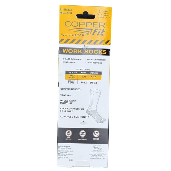 Copper Fit Work Crew Socks Unisex Black Advanced Cushioning S/M 2 Pair - Picture 3 of 8